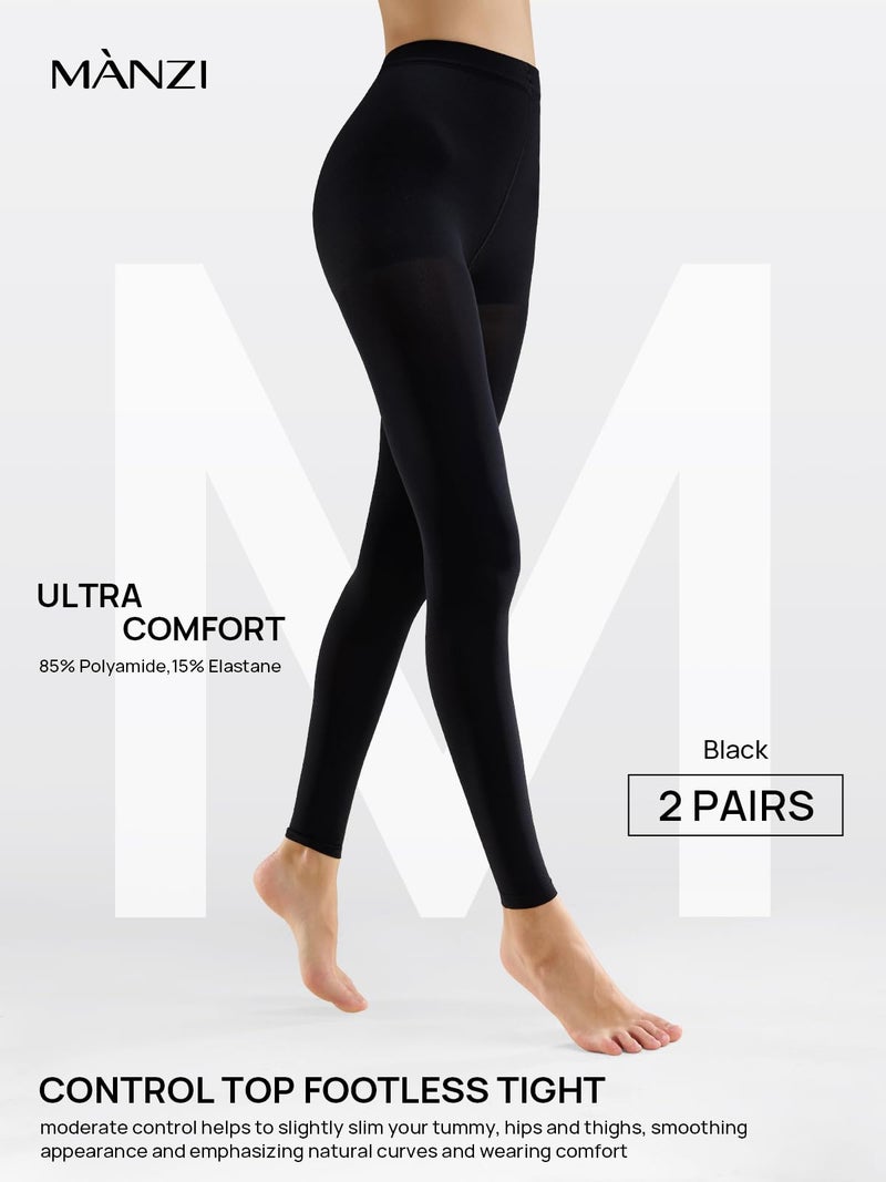 MANZI Women's 2 Pairs Opaque Control-Top Tights with Comfort Stretch 70 Denier Footless Black Large - Image 2
